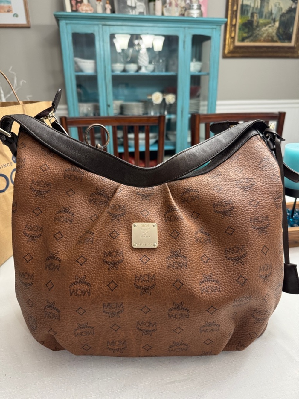 MCM Brown Monogrammed Leather Shoulder Bag with Black Trim